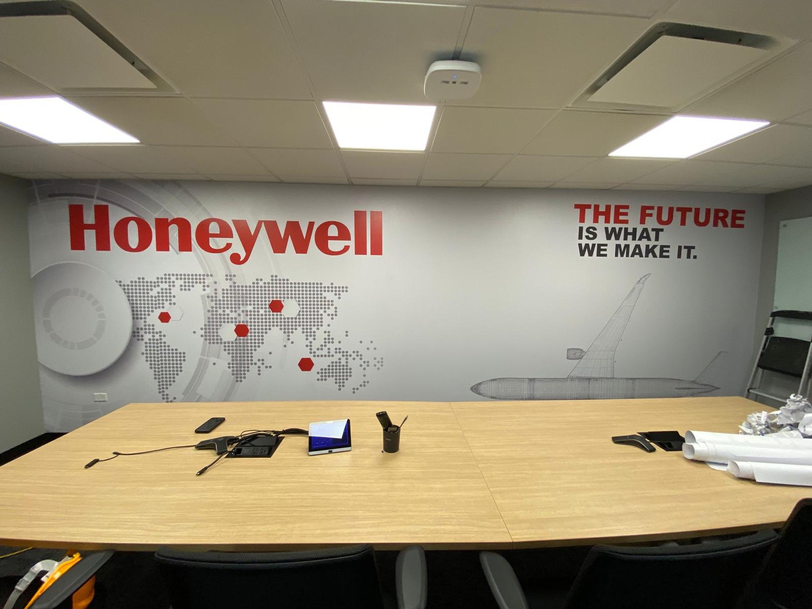 Honeywell corporate wall wrap in a conference room